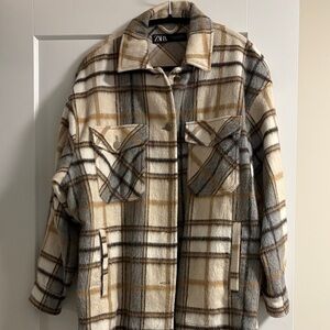 Zara Checkered Wool-Blend Jacket in Cream and Brown
